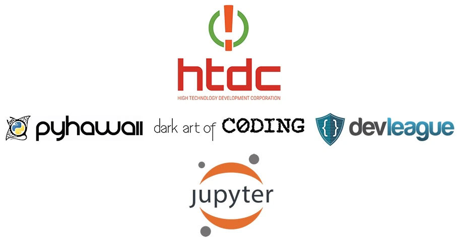 Sponsor logos: HTDC (High Technology Development Corporation), PyHawaii, Dark Art of Coding, DevLeague and Project Jupyter