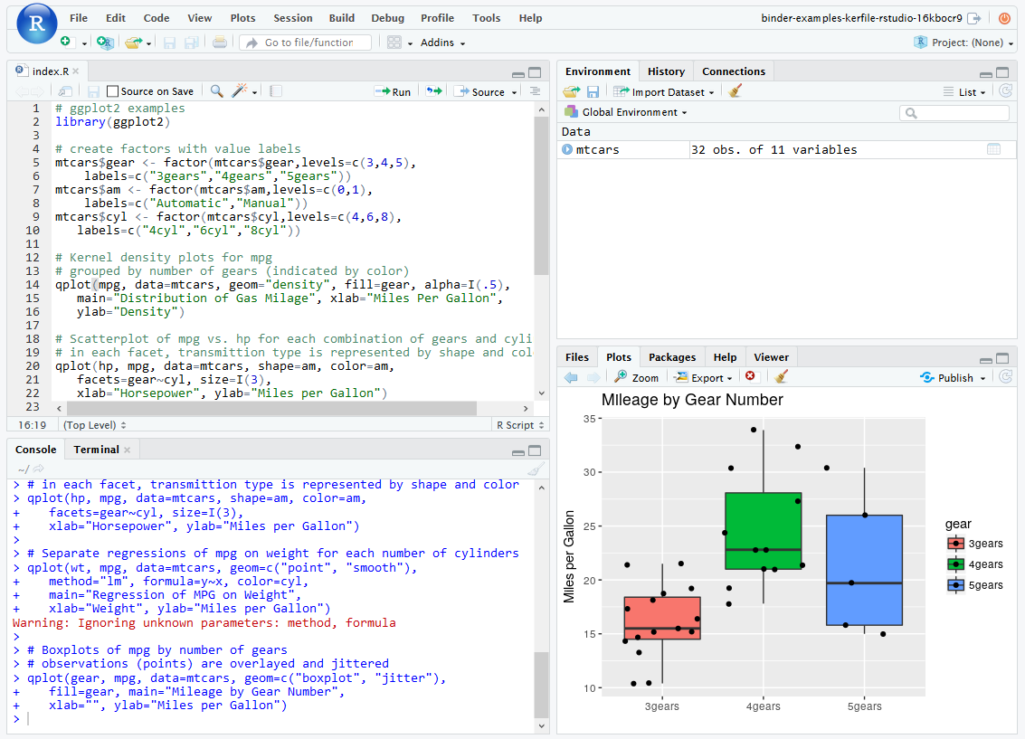 A prototype of RStudio running in a Binder. This is currently supported with a Dockerfile, and we are working on supporting R build files natively.