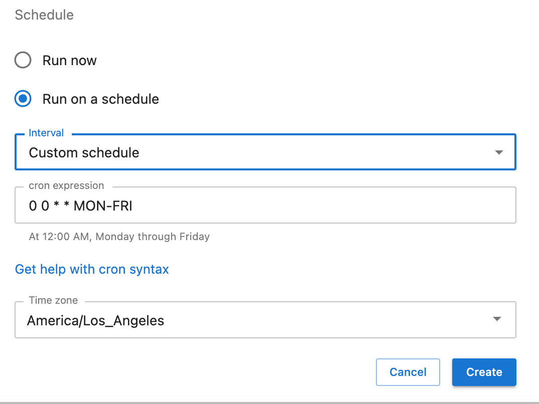 Screen shot of the “run on a schedule” user interface in the Create Job form, with the “custom schedule” interval selected