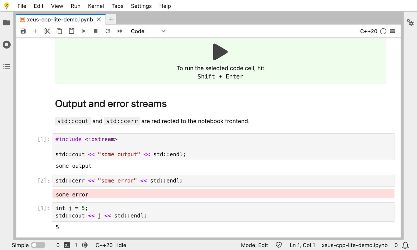 The new C++ Jupyter kernel in action in JupyterLite.