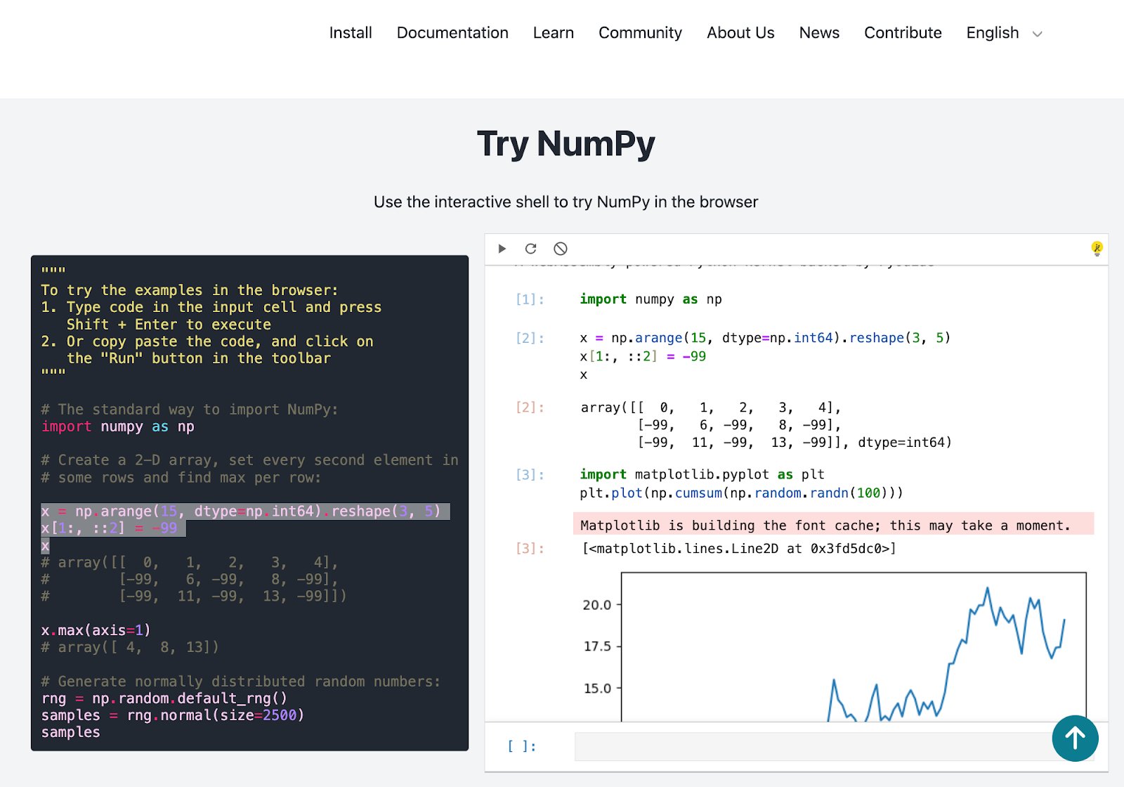 JupyterLite deployment displayed on the NumPy website