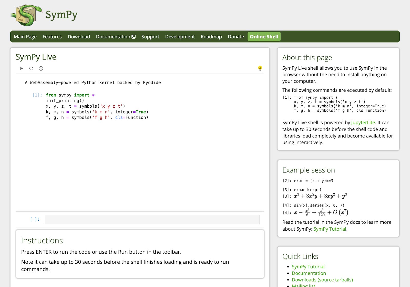 JupyterLite deployment displayed on the SymPy website