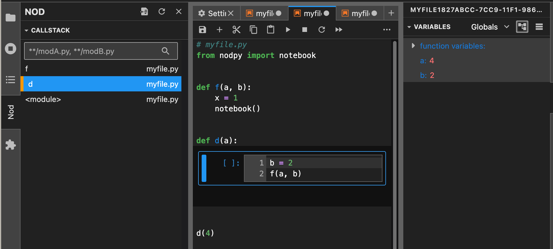 The Nod Panel on the Left navigates down the callstack, replacing the current notebook and the state to match.