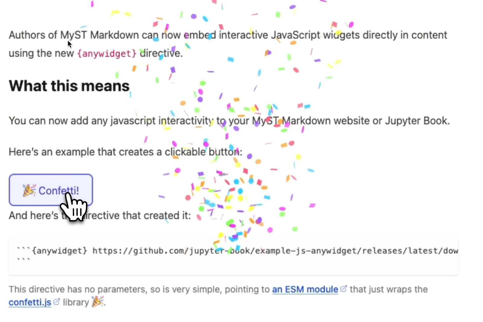 A “Confetti!” button made with the anywidget directive, bursting into confetti when clicked