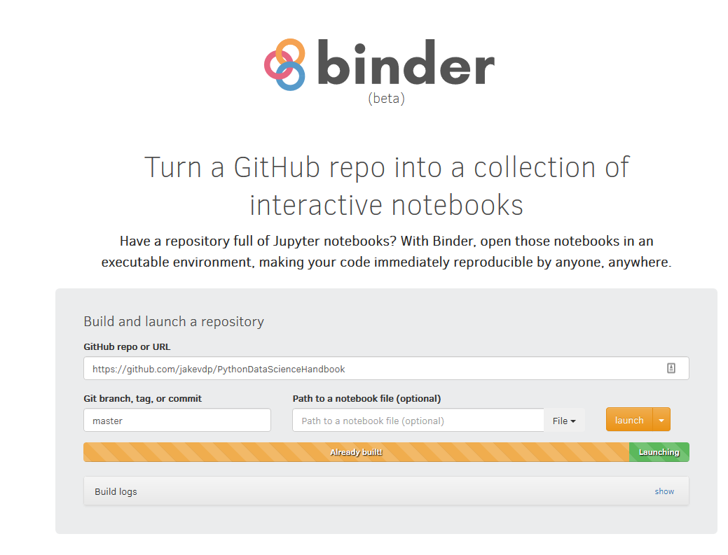 The new Binder UI. Users input a URL to a git repository (or specify a specific branch/tag/commit). Upon clicking “launch”, you will be directed to a live environment where you can interact with the code.