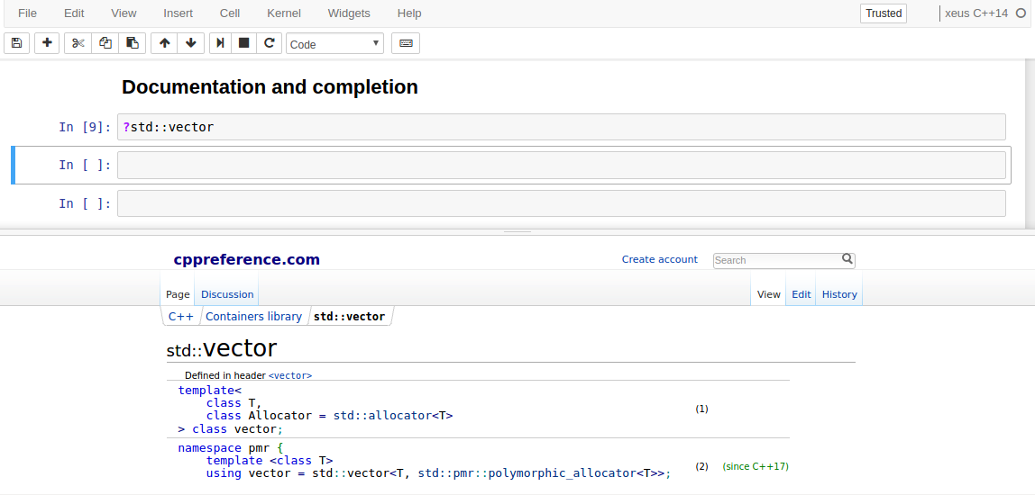 Live help for the C++standard library in the Jupyter notebook