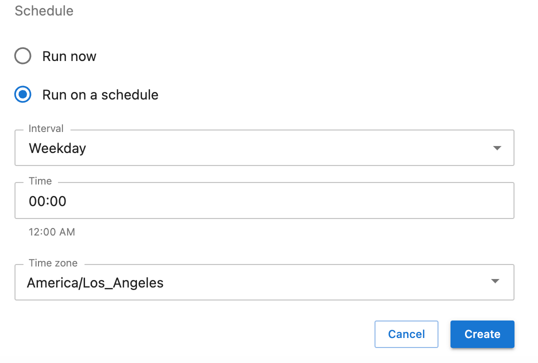 Screen shot of the “run on a schedule” user interface in the Create Job form, with the “weekday” interval selected