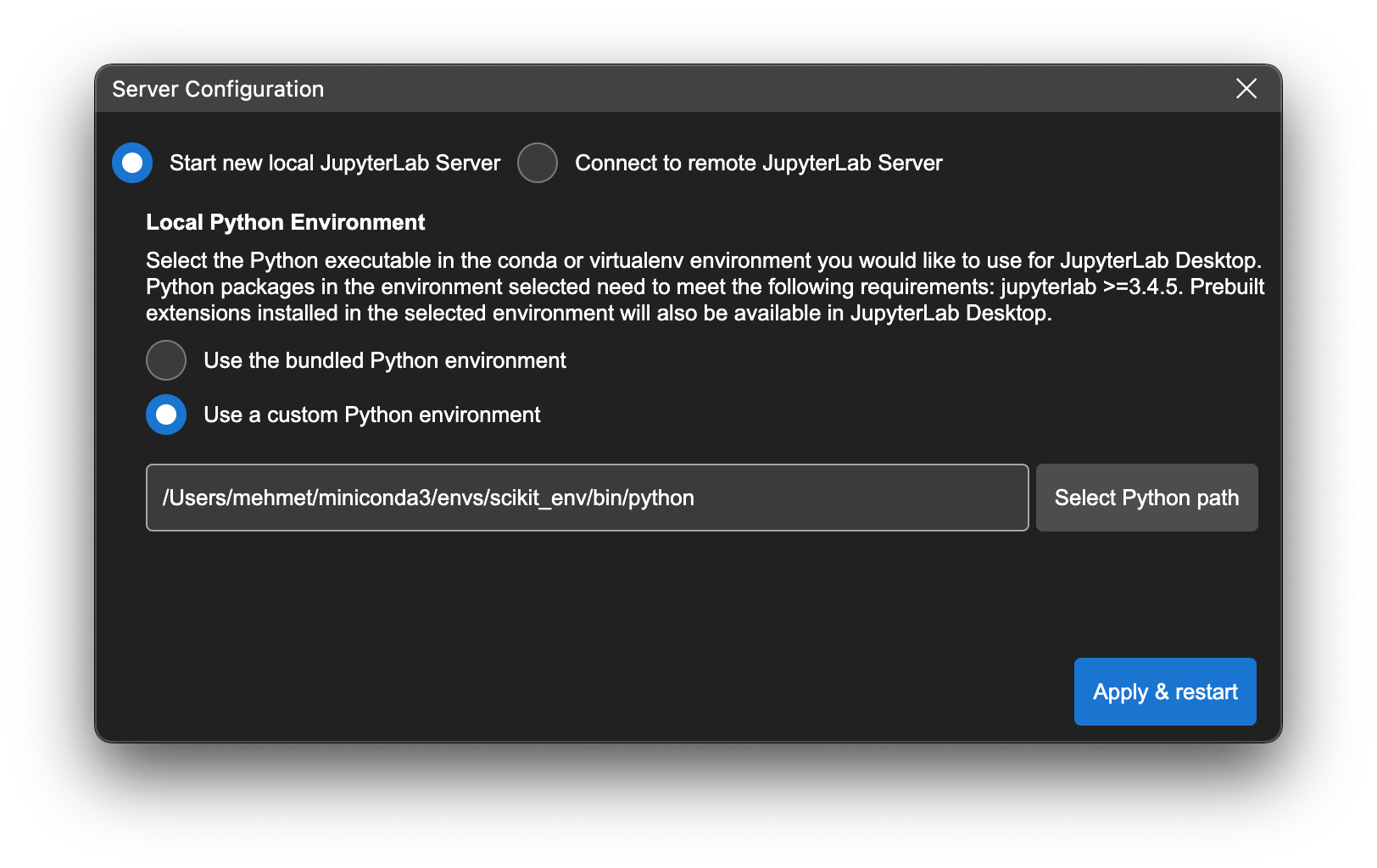 Python environment selection dialog