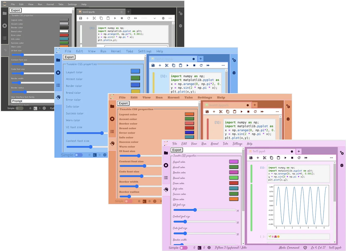 4 screenshots of the JupyterLab interface are shown to illustrate the kinds of themes that can be generated by the theme editor, with gray, blue, orange and pink tones and different font families.