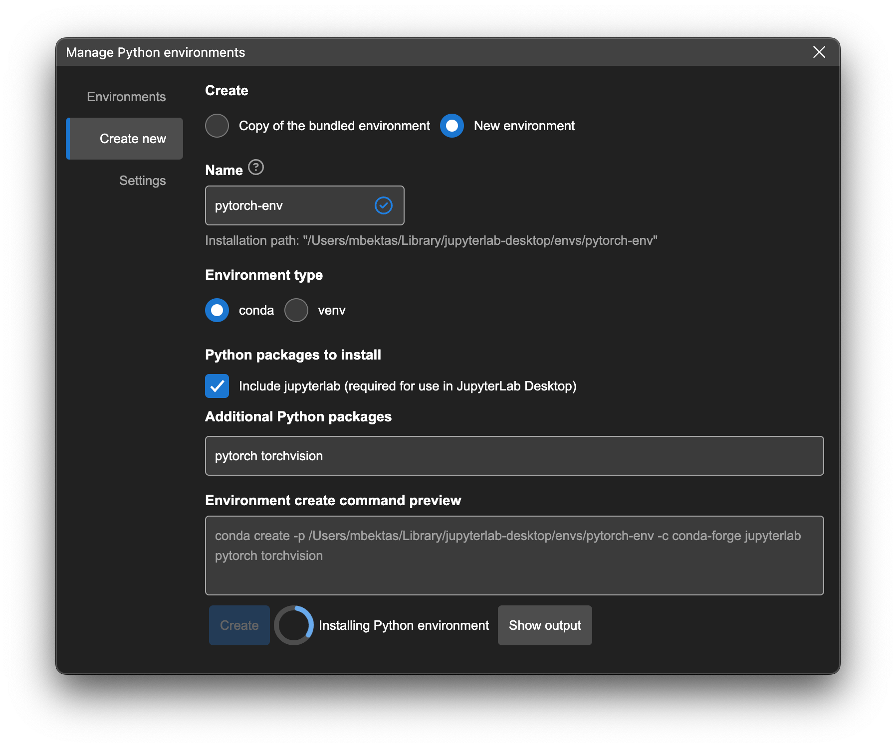 Create new environment using packages from registry
