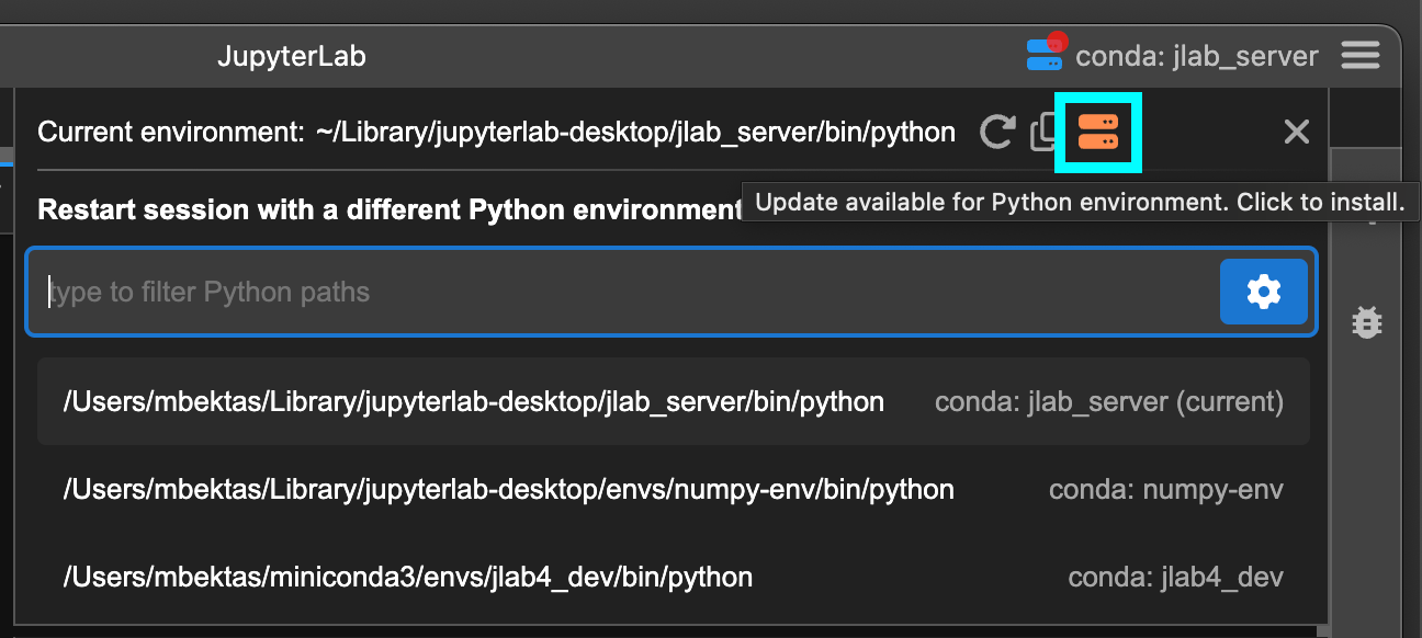 Bundled environment update button