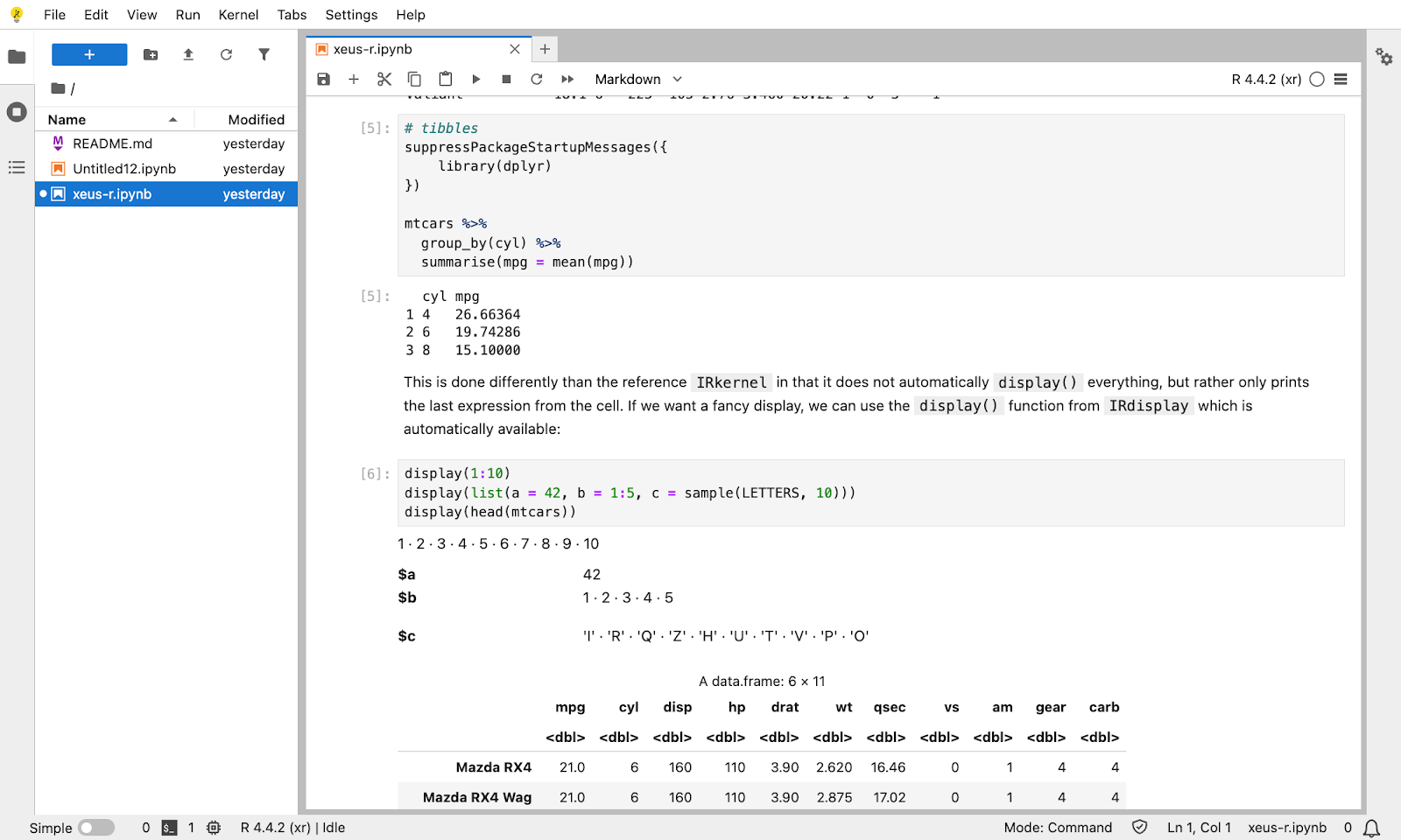 Screenshot of JupyterLite with an R Jupyter notebook in use