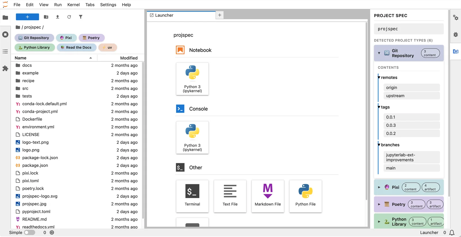 jupyter-projspec extension in JupyterLab showing the Project Spec sidebar panel with detected project types including Git Repository, Pixi, and Poetry, alongside the file browser and JupyterLab launcher with notebook and console options.