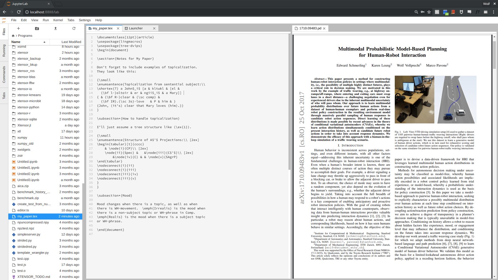 JupyterLab viewing LaTeX source code and a PDF document