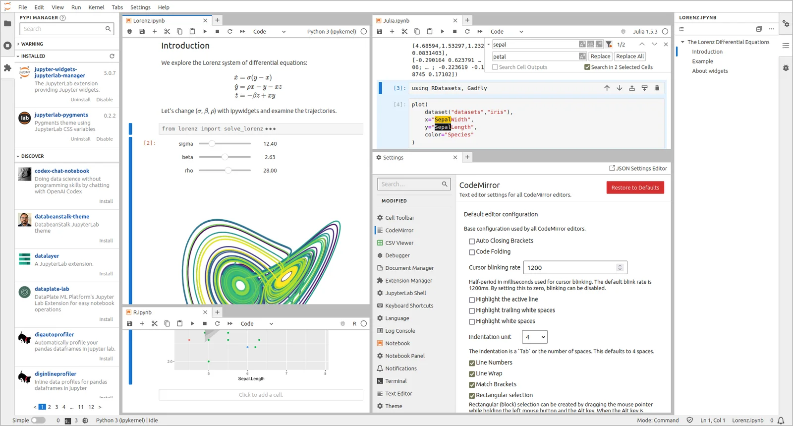A screen shot of JupyterLab 4, showing many of its new and improved features.