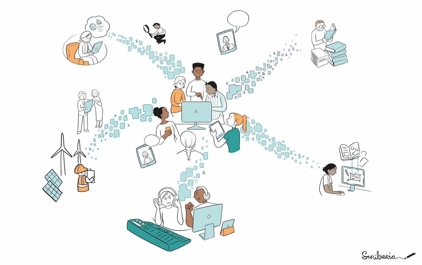 a cartoon of people working together. there are a group in the center and then spokes of people working in different contexts on different focus areas, some are alone but others are working in smaller groups, all part of the whole collaboration.
