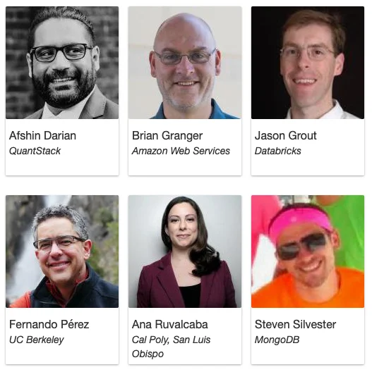Photos, names, and affiliations of our first executive council, which includes Afshin Darian, Brian Granger, Jason Grout, Fernando Pérez, Ana Ruvalcaba, and Steven Silvester.
