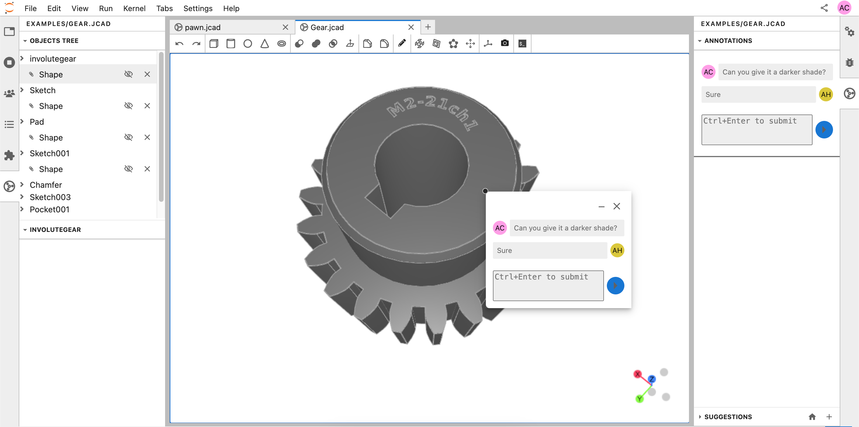 Screenshot of JupyterCAD, showing a model of gear, with an anotation editor opened.
