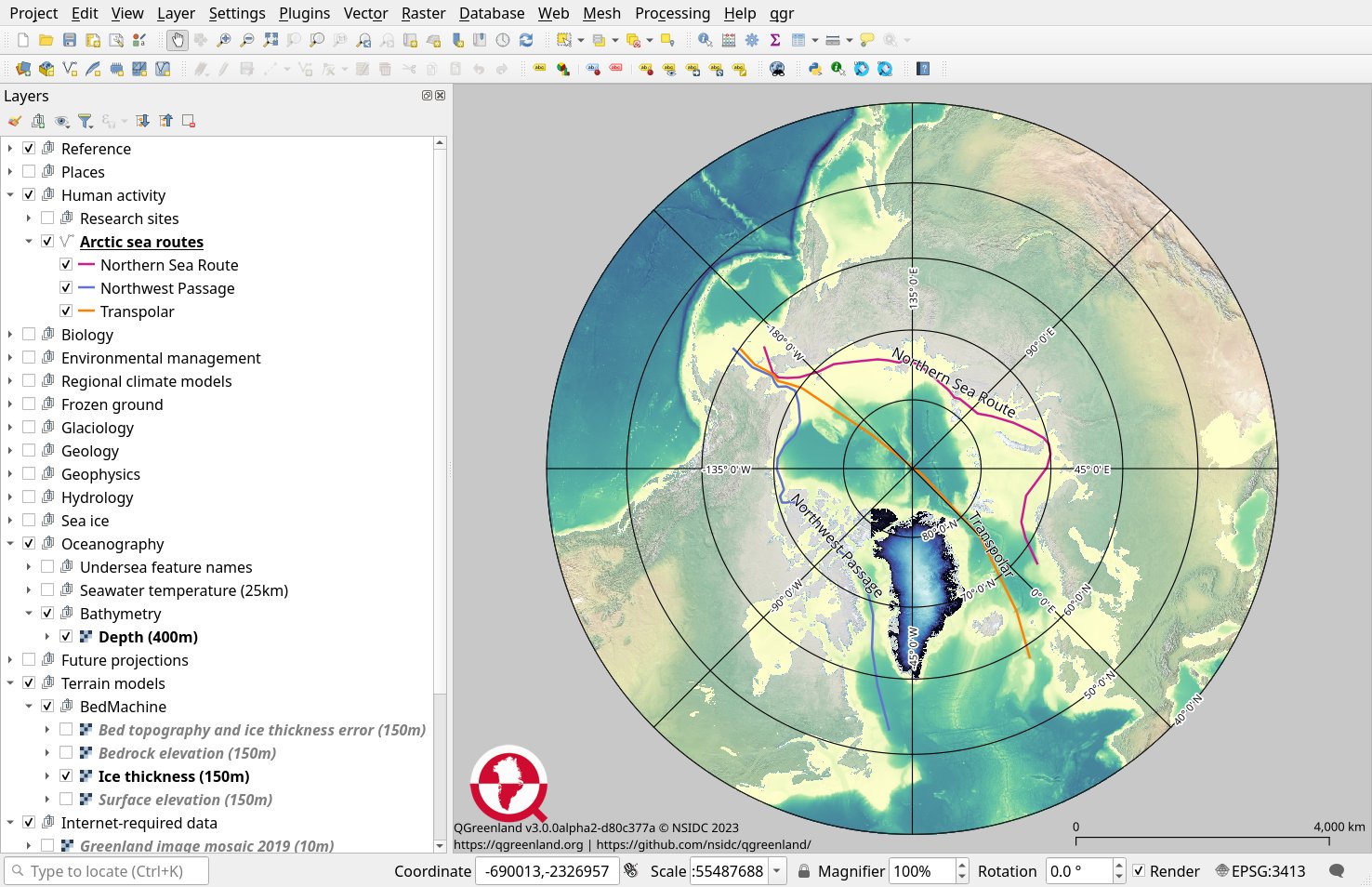 A map depicting Greenland is displayed within QGIS software running in a cloud-based desktop environment. Visualizations of bathymetric depth, Greenland ice sheet thickness, and Arctic sea routes are overlaid.