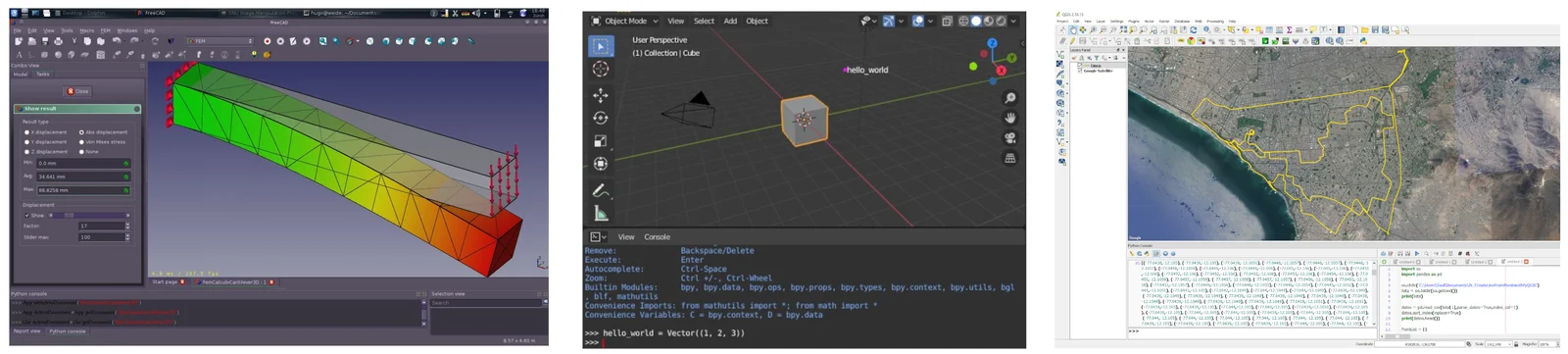 Python consoles in FreeCAD, Blender, and QGIS (from left to right).