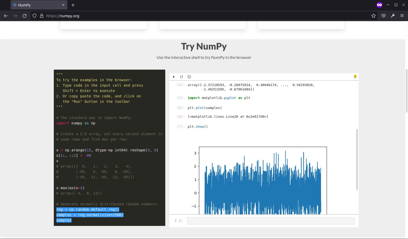 The JupyterLite REPL on numpy.org