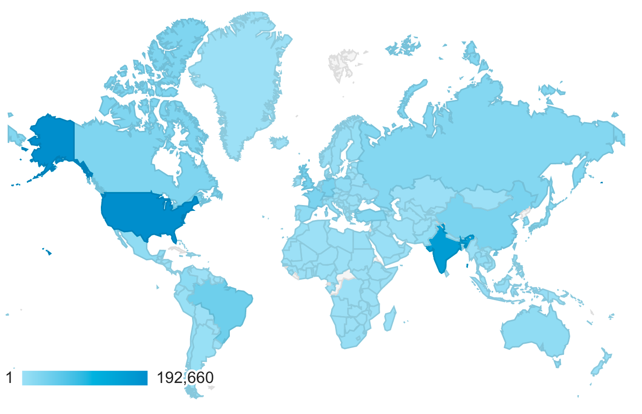 Countries from which https://mybinder.org has received visitors between 22 August 2018 and 10 November 2018.