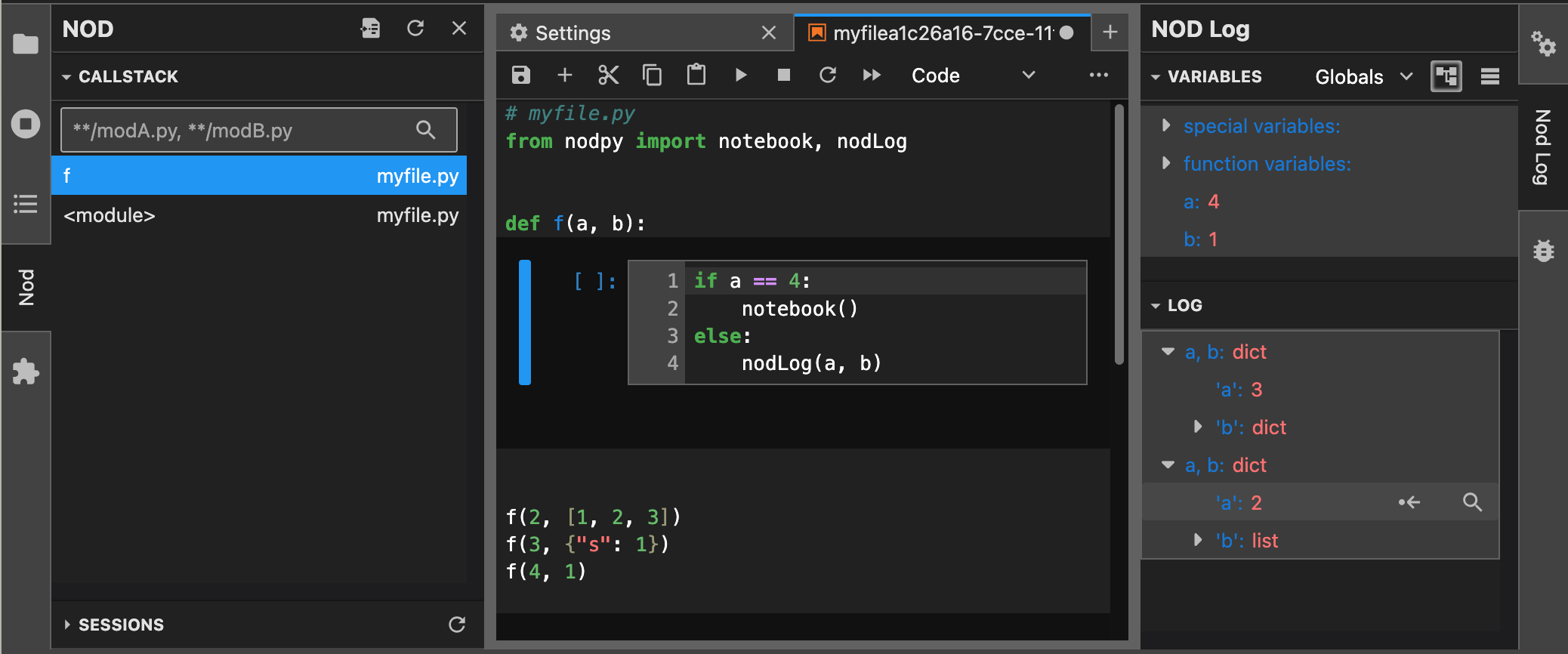 nodLog() captures variables while your program runs and makes them available in the on-demand notebook session to experiment with.