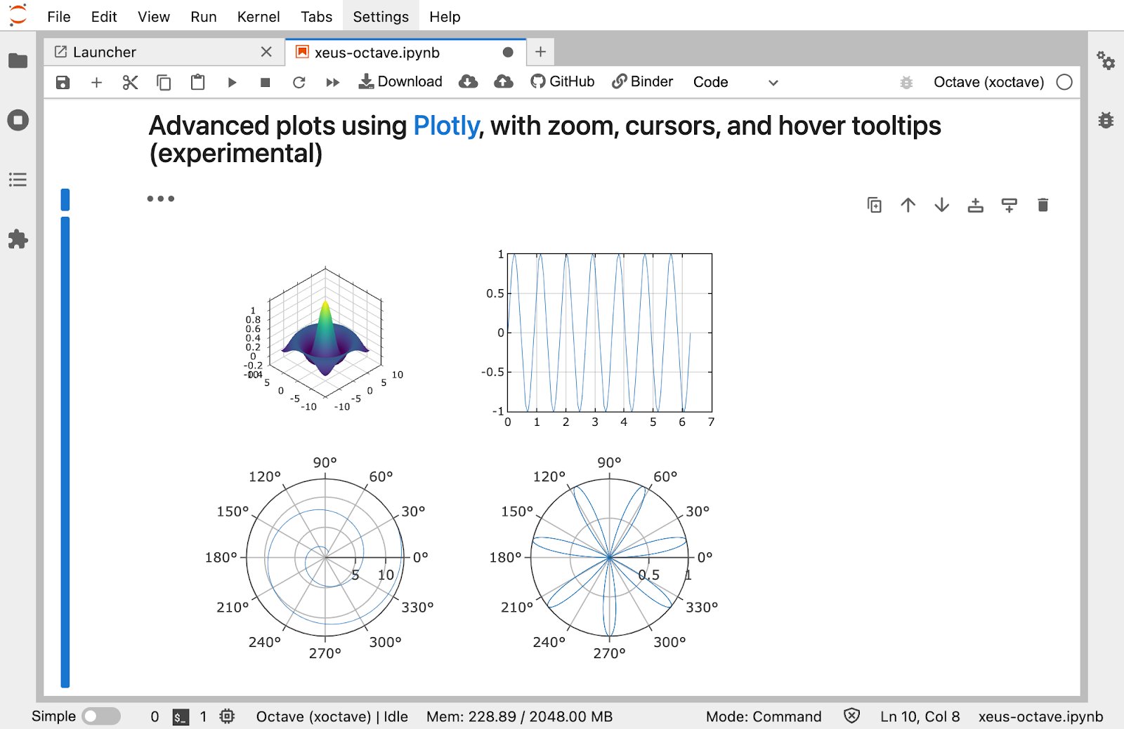 Screenshot of GNU Octave in action in Jupyter with the Plotly plots