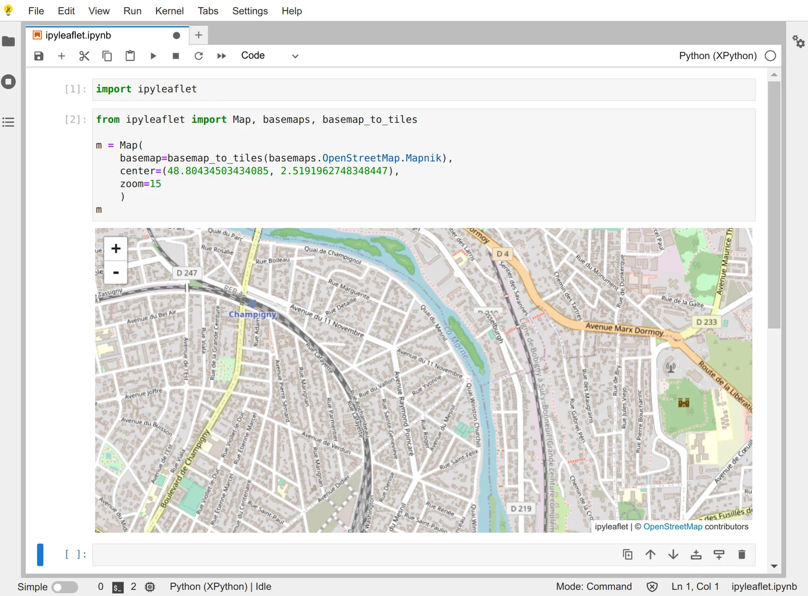 xeus-python kernel with the ipyleaflet widget visible.