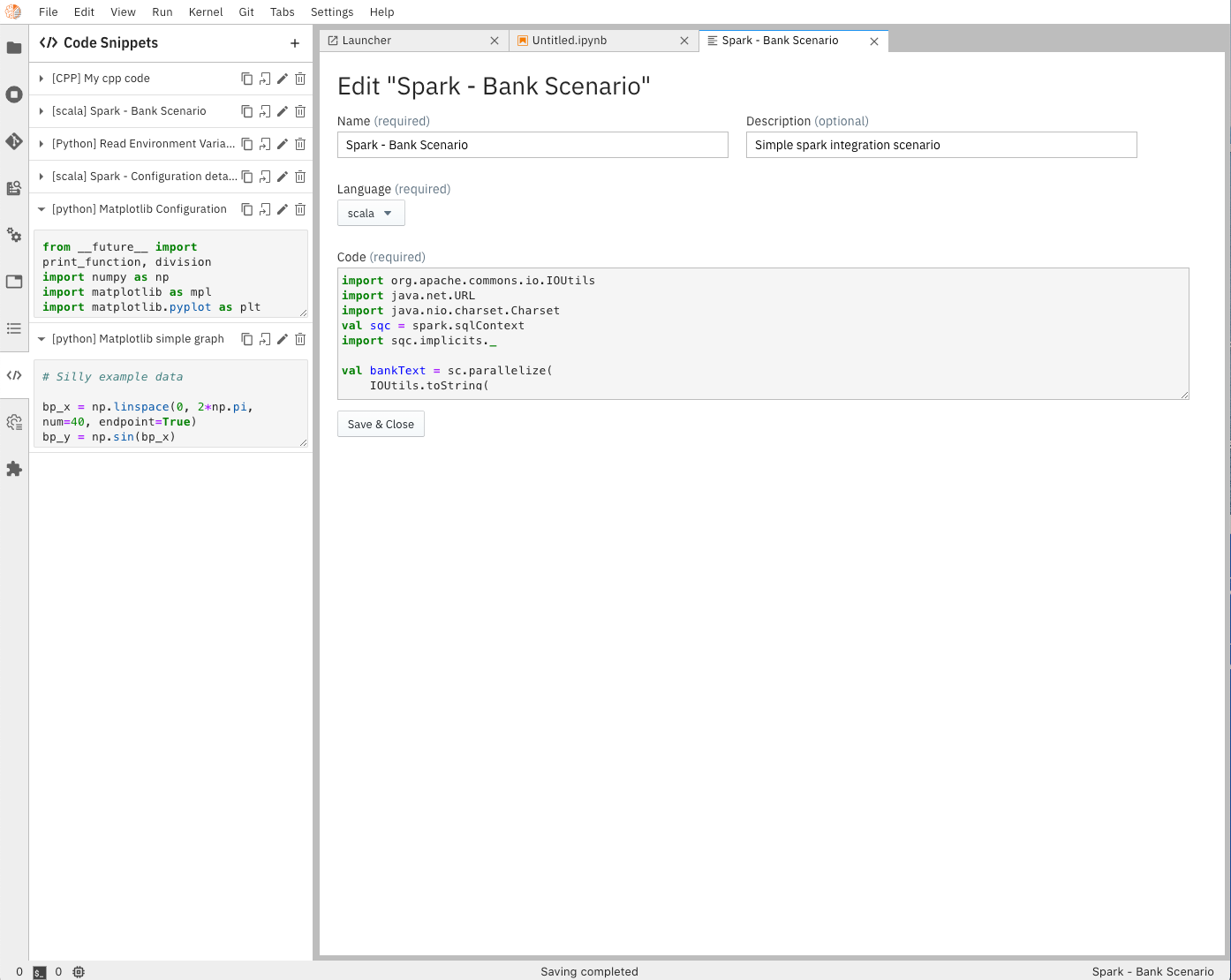 Elyra code snippets editor