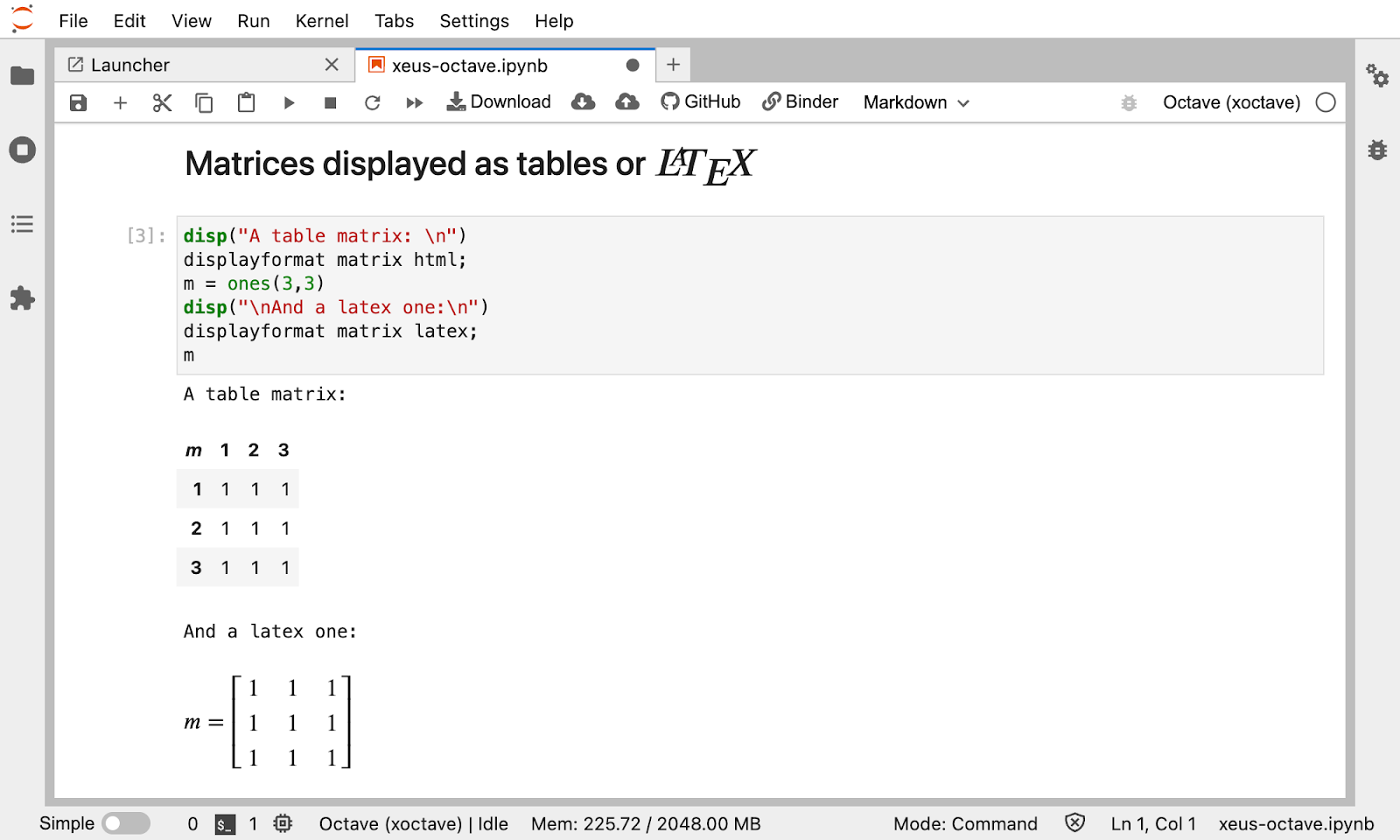 Screenshot of GNU Octave in action in Jupyter with the rich rendering of matrices