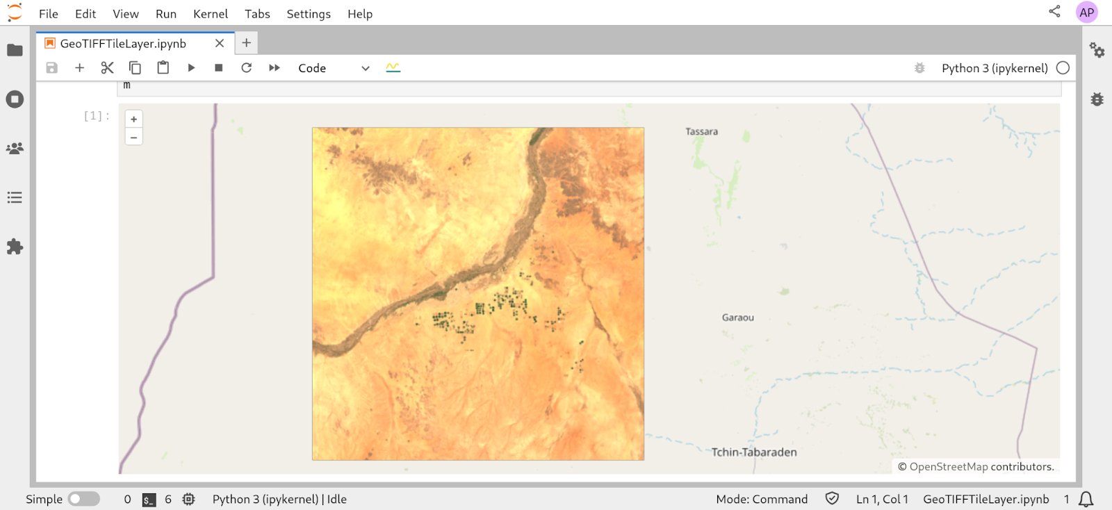 Screenshot of an ipyopenlayers map displaying a GeoTIFF dataset as a layer on a map