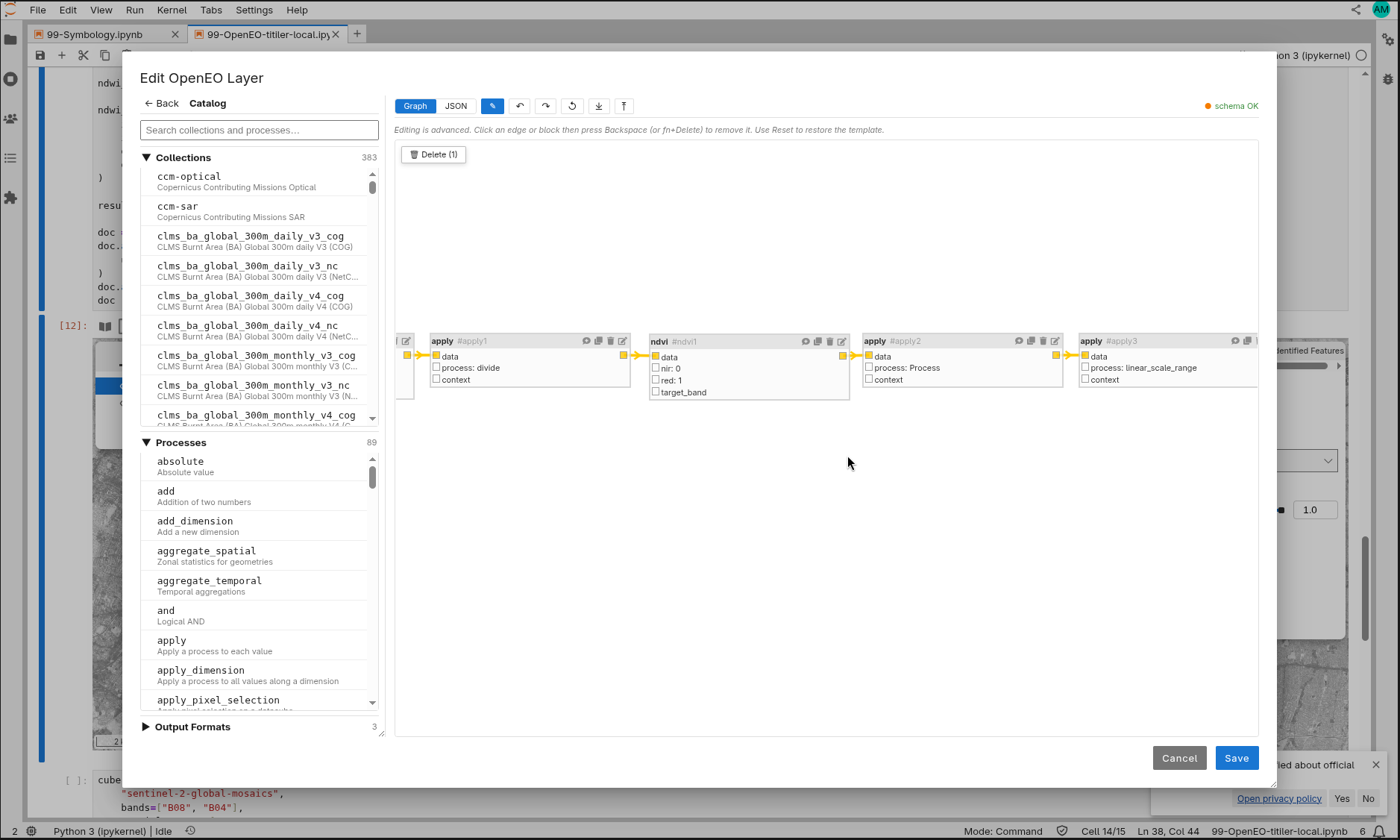 Editing an openEO process graph from the JupyterGIS front-end