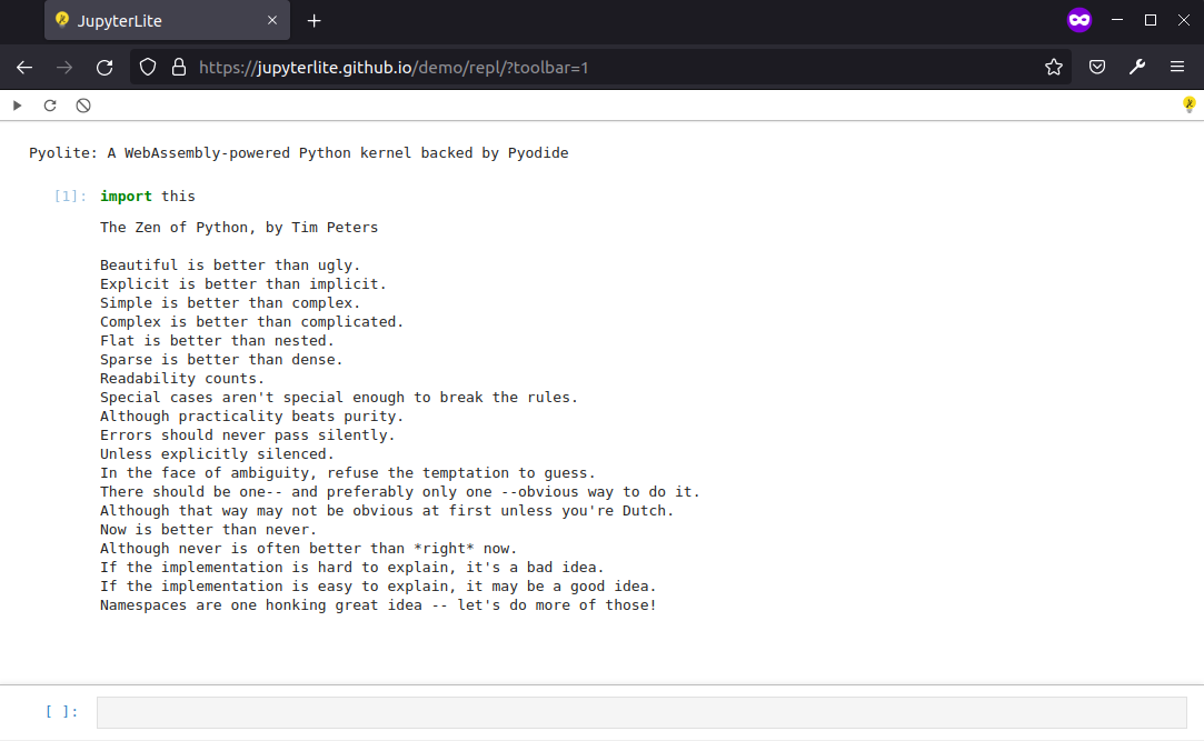 The JupyterLite REPL running on GitHub Pages