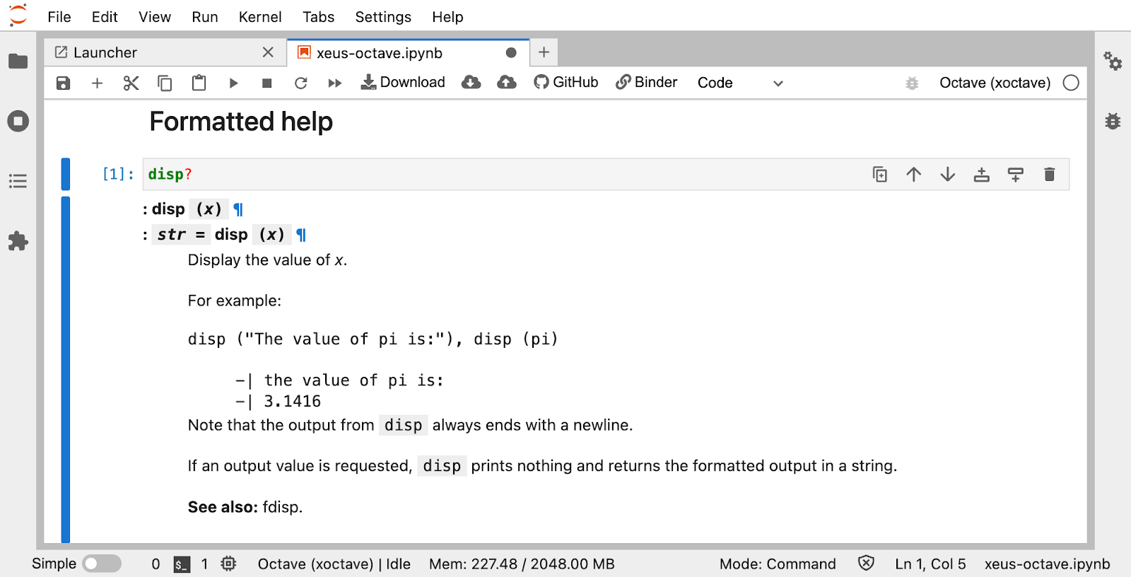 Screenshot of GNU Octave in action in Jupyter with the interactive help displayed in an output cell