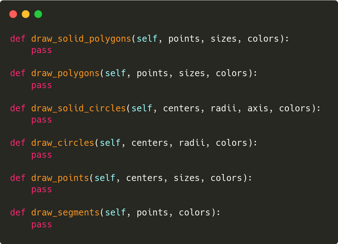 The python batch debug draw API of pyb2d
