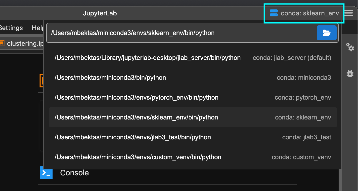 Python environment selector menu
