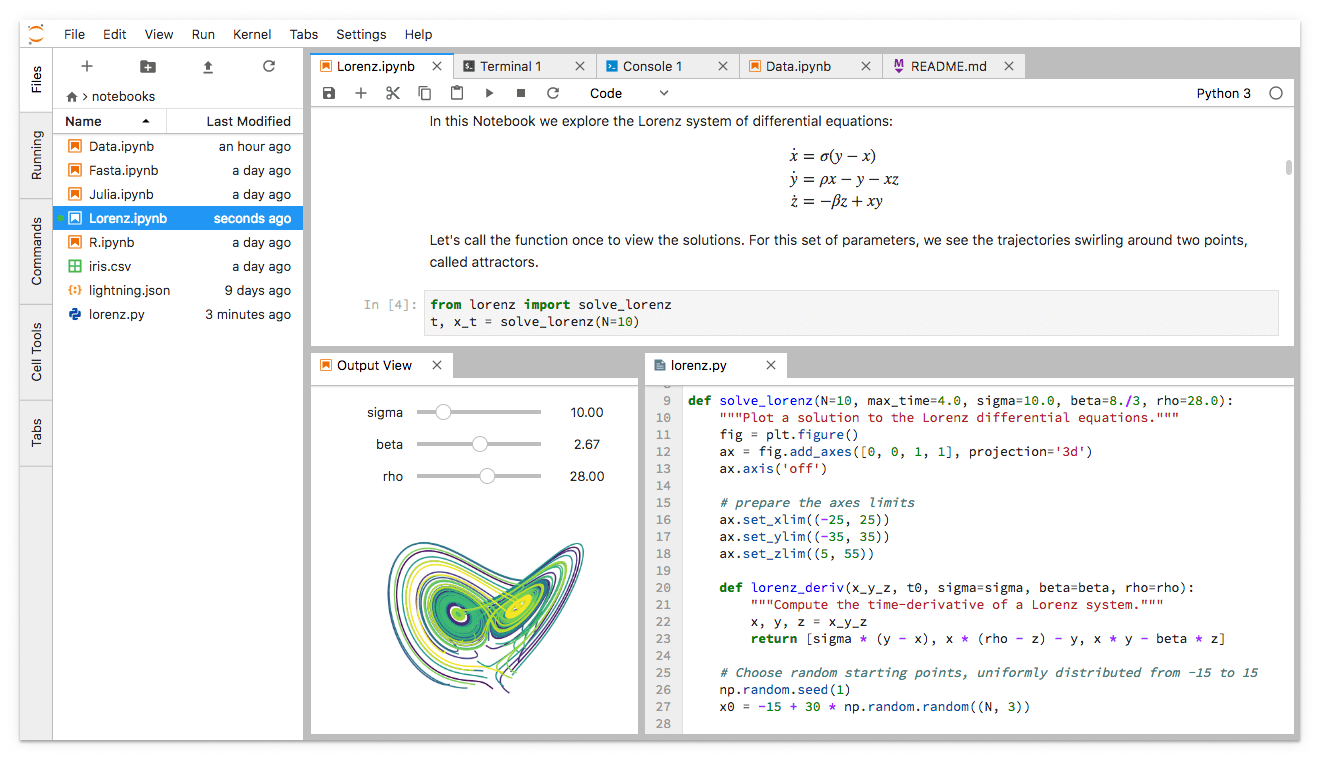 JupyterLab enables you to arrange your work area with notebooks, text files, terminals, and notebook outputs.
