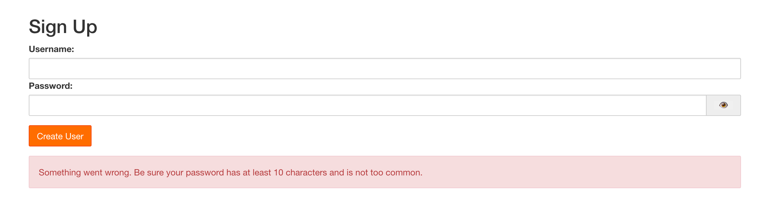 Error indicating the password is not long enough
