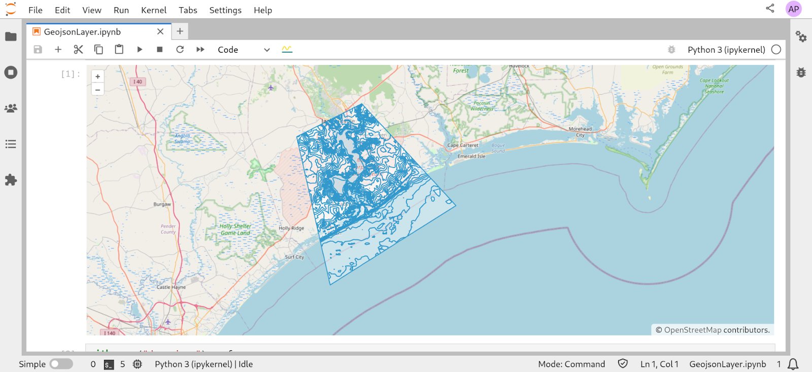 Screenshot of an ipyopenlayers map displaying a GeoJSON dataset as a layer on a map