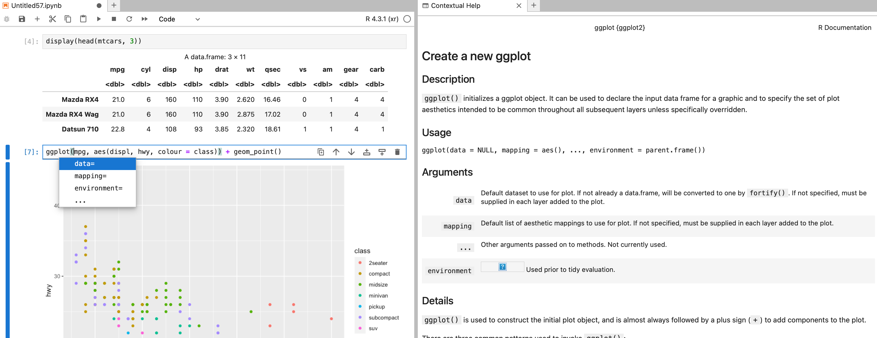 Screenshot of a Jupyter notebook with two cells displayed alongside a contextual help panel. The first cell shows the execution of an R command display(head(mtcars, 3)). The output is a nicely formatted table display with 3 rows. The second cell contains is a call to the ggplot function from the ggplot2 package. The output is a scatter plot of the variables hwy and displ, coloured by the class factor. The cursor shows auto completion for ggplot. On the right, contextual help for ggplot.