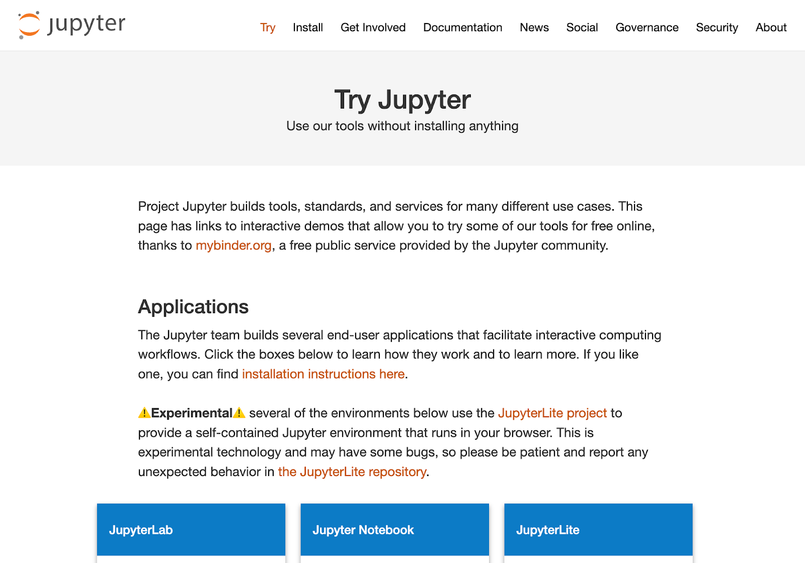 JupyterLite deployments displayed on the NumPy, SymPy, and Jupyter websites
