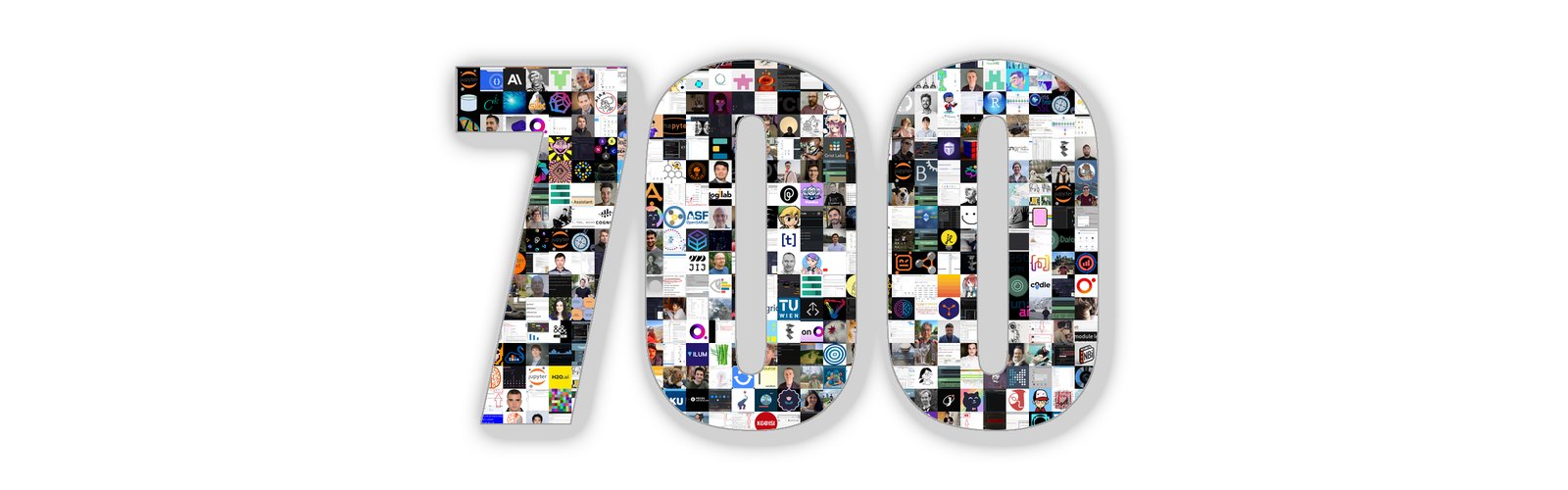 The number 700 formed by a mosaic of JupyterLab extension icons and author avatars