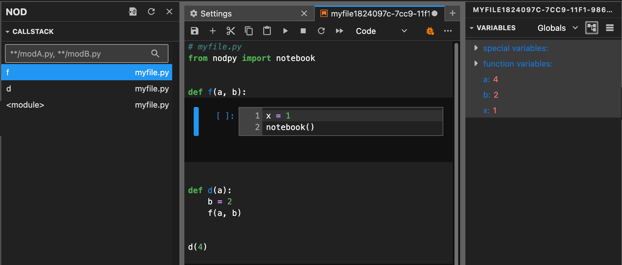 Left: The Nod Control Panel shows the call stack for our notebook() call, Center: The notebook created from the current Nod Session, Right: The JupyterLab Debugger shows the current variables in our kernel